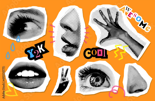 Eyes and lips and ear in halftone treatment. Collage design elements in trendy dotted pop art style. Retro Vector illustration with vintage grunge punk cutout shapes.