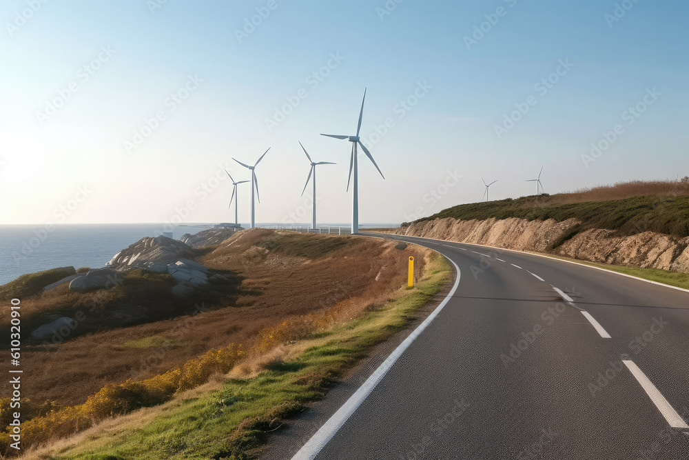 The wind turbines on both sides of the road.