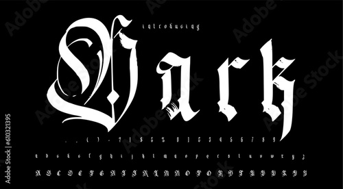 Dark Gothic poster alphabet fonts. Vintage, modern fonts for logos, brands, posters, banners, etc. Typography typeface uppercase lowercase and number. Vector illustration	
