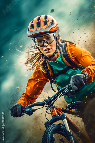 Young woman in helmet and goggles riding down on Mountainbike