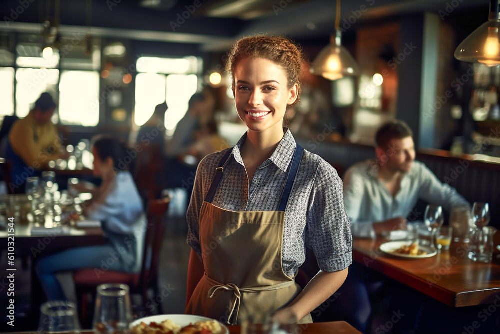 Nice and smiling waitress while working in a café. AI generativ.