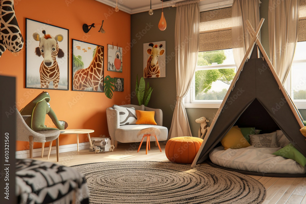 Cozy living room with sofa and chairs. Orange, green and black colors. African eco interior design. Super photo realistic background, generative ai illustrarion Cozy living room with sofa and chairs. Orange, green and black colors. African eco interior design. Super photo realistic background, generative ai illustrarion