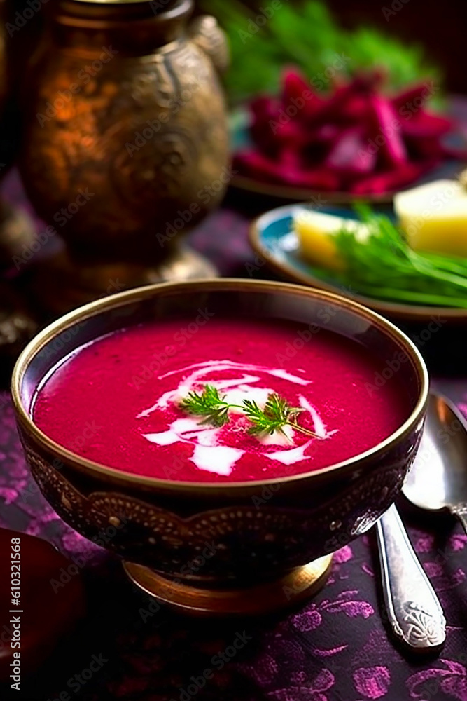 Polish botwinka, a soup from young red beets. AI generativ. Polish botwinka, a soup from young red beets. AI generativ.