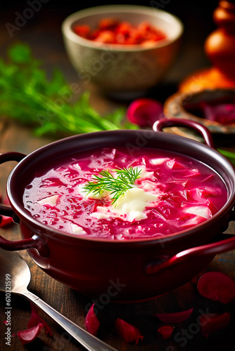 Polish botwinka, a soup from young red beets. AI generativ.