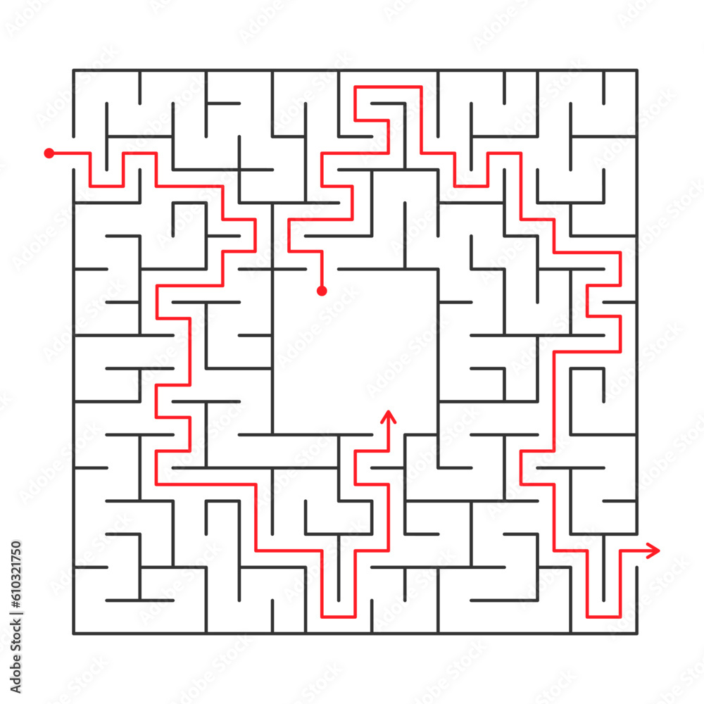 Vector illustration. Abstract maze. Find right way. Isolated simple square mile black line on white background.