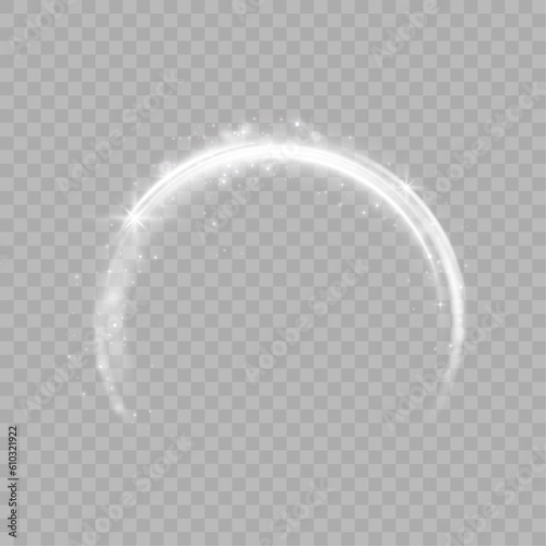 Dynamic white lines with glow effect. Rotating shiny half rings. Abstract sparkling swirl, wave.
