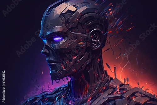 Scary humanoid robot, menacing look, glowing eyes concept. Artificial intelligence made of metal pieces, wires, cables. Depiction of emotionless AI technology, dystopia, danger, peril. Generative Ai.