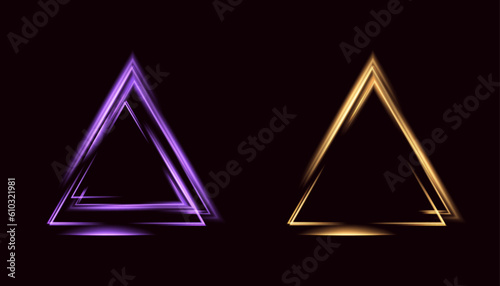 Shining bright purple triangle. Frame with light effects. Vector illustration. Place for text and product advertising
