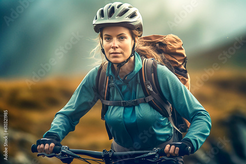 Modern woman riding a trking bike. AI generativ