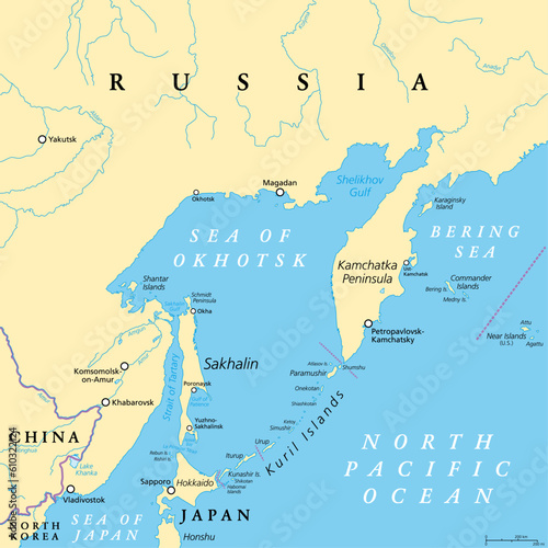 Sea of Okhotsk  political map. A marginal sea of the North Pacific Ocean  located between the Kamchatka Peninsula  the Kuril Islands  Hokkaido  Sakhalin  and a stretch of the eastern Siberian coast.