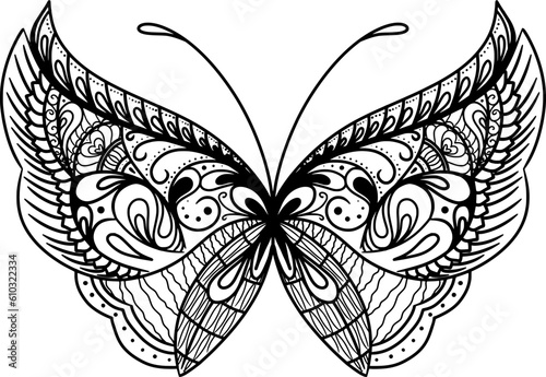 Monochrome ethnic butterfly mandala design. Anti-stress coloring page for adults. Hand drawn black and white vector illustration