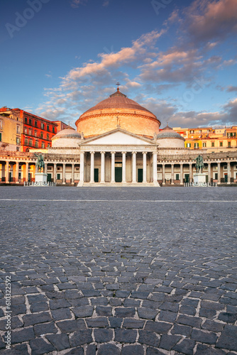 Naples, Italy. Cityscape image of Naples, Italy with the view of large public town square Piazza del Plebiscito at sunrise.