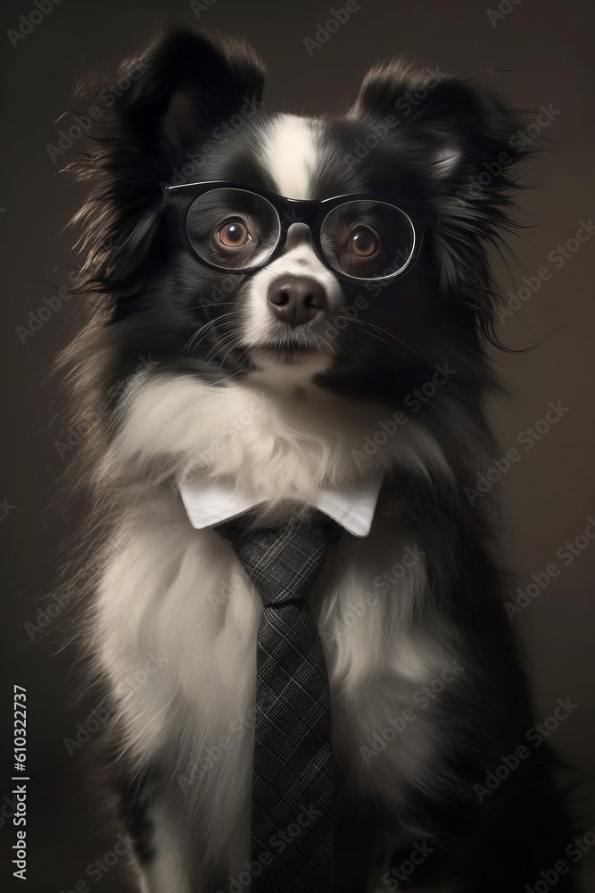 Illustration of a stylish dog in glasses and a tie created with Generative AI technology