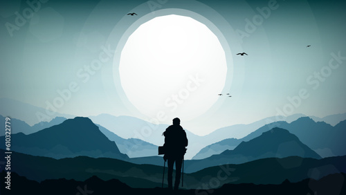 Travelers climb with backpack and travel walking sticks, silhouette of a person in the mountains, a Man hiking in the mountains with backpack, person with backpack for hiking silhouette vector