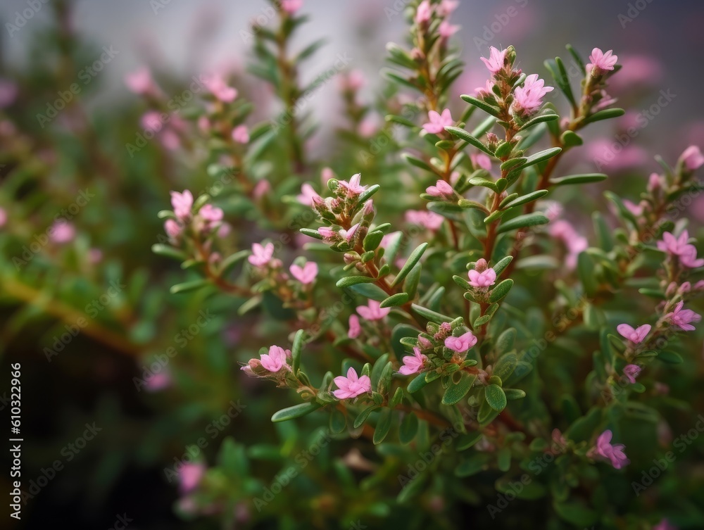 thyme branches with tiny green leaves and small pink flowers against a blurred background