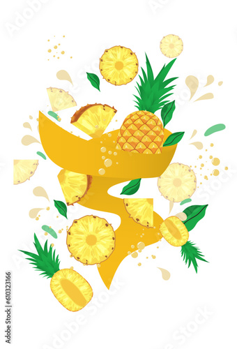 an explosion of pineapple flavor. flying pineapples with leaves splashing juice around in a flat style. print, background splash