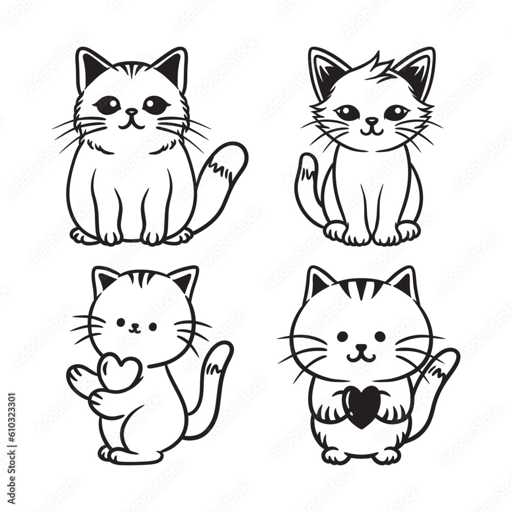 Set of cat hand drawn line art