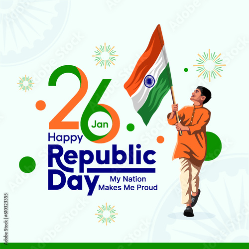 Celebrating Republic Day with a Stunning Typography Design and Indian Boy Proudly Waving the National Flag-Vector illustration