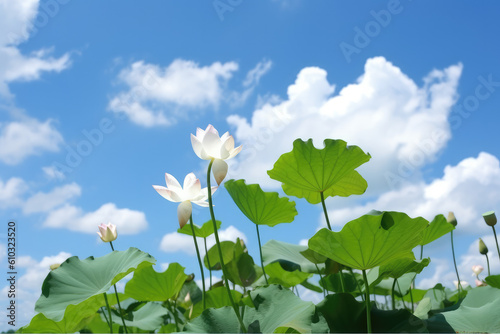 The blooming white lotus under the blue sky and white clouds. © imlane