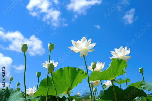 The blooming white lotus under the blue sky and white clouds.