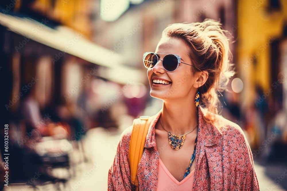 Happy luxury woman travel shopping in urban city, vibrant, fashion, contemporary, lifestyle, generative AI Happy luxury woman travel shopping in urban city, vibrant, fashion, contemporary, lifestyle, generative AI