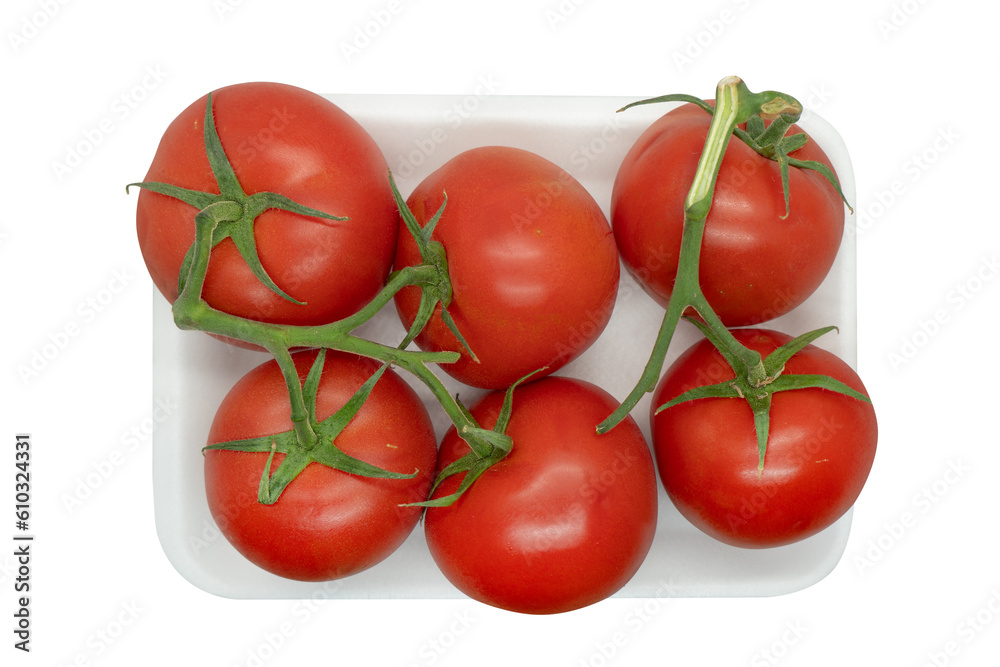 Tomato in plastic plate isolated on white background. Top view. Fresh cherry tomatoes isolated on white. Heap of tomato isolated