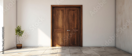 Empty room apartment entrance. simple front wooden door with place for text. Loft interior mockup. Gray concrete texture. Generative ai