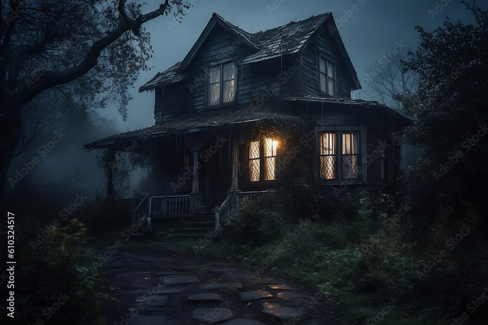 Spooky house or witch hut, dark and scary night halloween scene. Old haunted abandoned house with many bats flying above it. Halloween scary party advertisement design concept. Generative AI Spooky house or witch hut, dark and scary night halloween scene. Old haunted abandoned house with many bats flying above it. Halloween scary party advertisement design concept. Generative AI