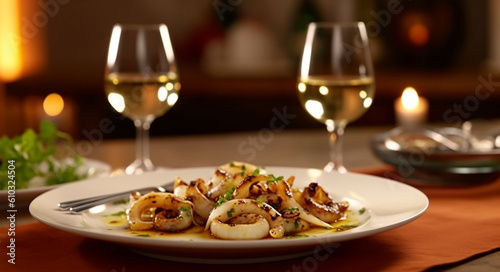 Grilled calamari in restaurant with olive oil  lemon  sause and herbs