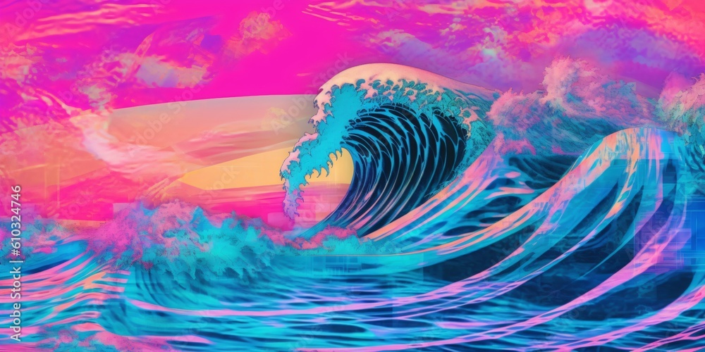 psychedelic landscape collage with big wave, stormy sea in blue and magenta colors, generative ai