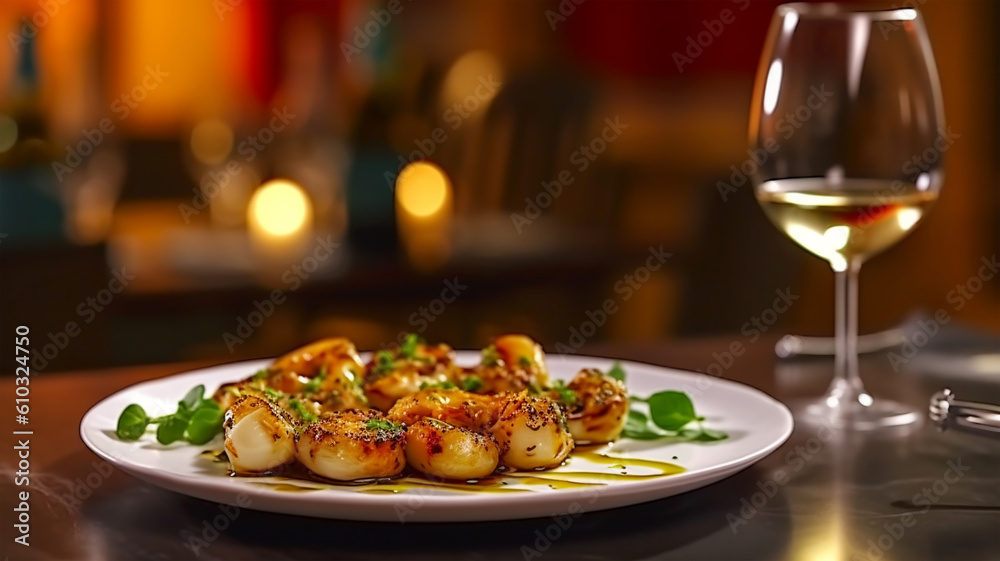 Grilled calamari in restaurant with olive oil, lemon, sause and herbs Grilled calamari in restaurant with olive oil, lemon, sause and herbs
