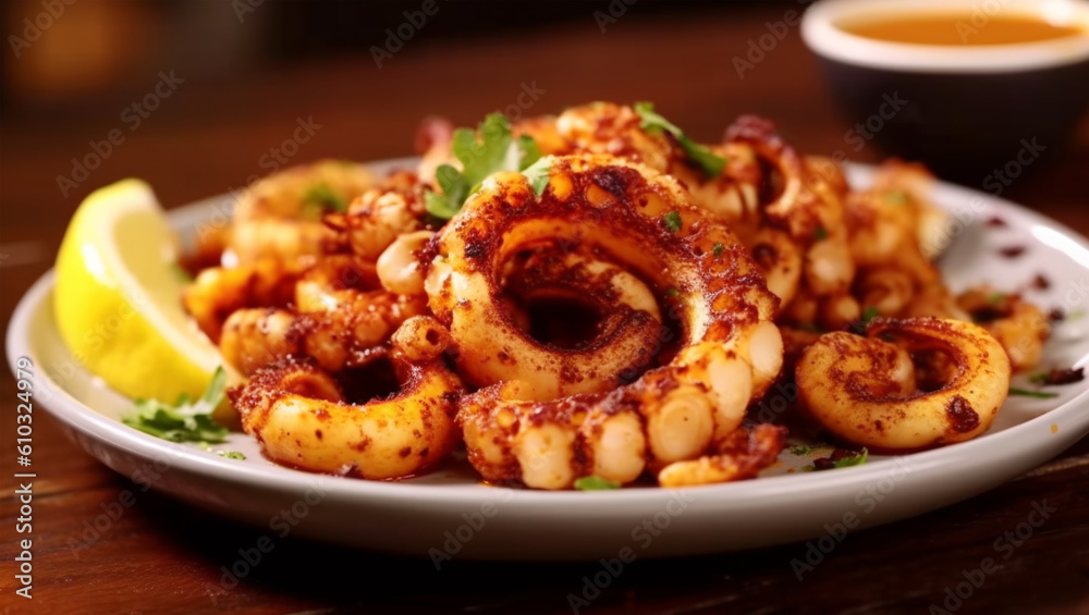 Grilled calamari in restaurant with olive oil, lemon, sause and herbs Grilled calamari in restaurant with olive oil, lemon, sause and herbs