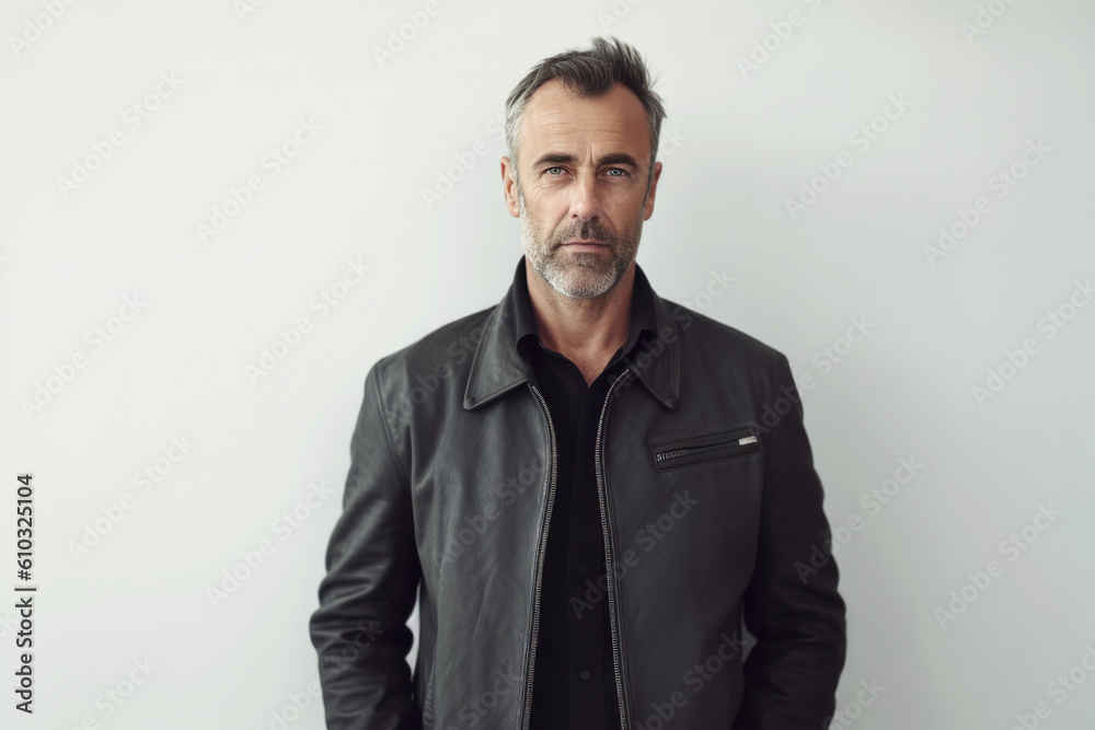 Middle Aged Caucasian Male in Black Polo and Dark-Gray Jacket on Gray Copy Space. Generative AI. Middle Aged Caucasian Male in Black Polo and Dark-Gray Jacket on Gray Copy Space. Generative AI.