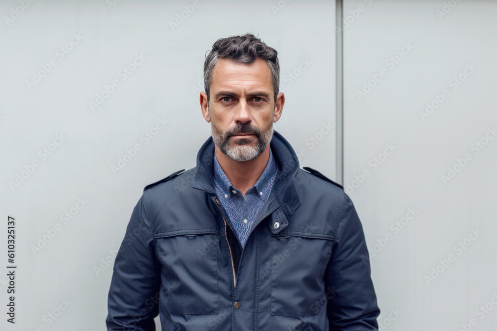 Fototapeta premium Middle Aged Spanish Male in Blue Shirt and Jacket Standing Opposite the Gray Wall. Generative AI.