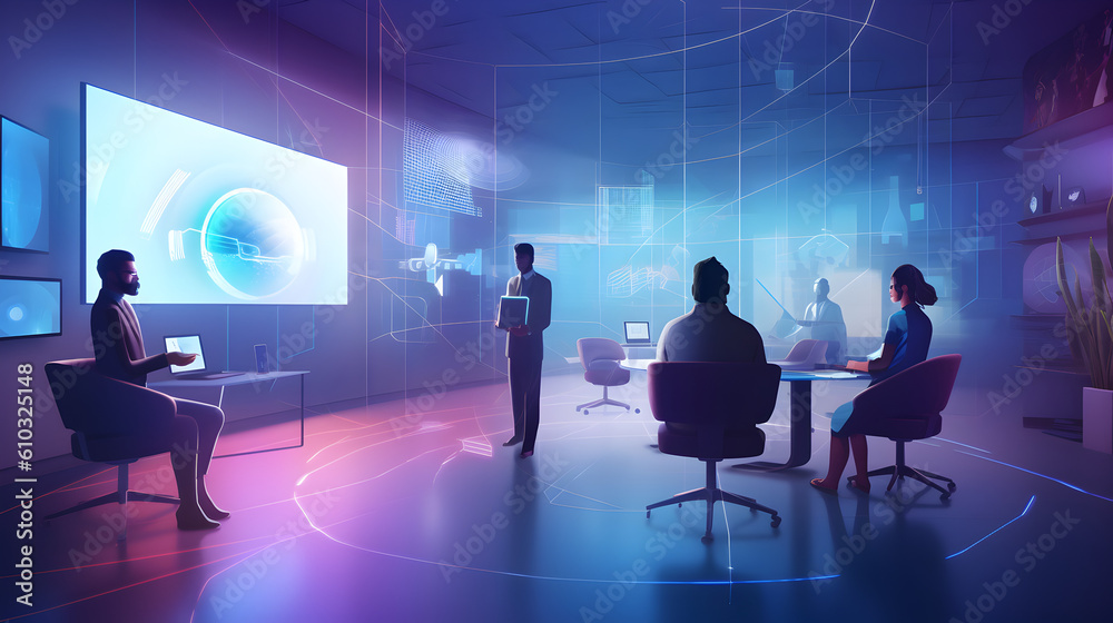 An artistic illustration showcasing a virtual communication platform with avatars of employees interacting in a virtual meeting space. AI Generative An artistic illustration showcasing a virtual communication platform with avatars of employees interacting in a virtual meeting space. AI Generative