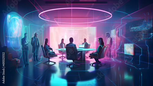 An artistic illustration showcasing a virtual communication platform with avatars of employees interacting in a virtual meeting space. AI Generative