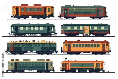 Railroad passenger trains and carriages Flat vector illustration.