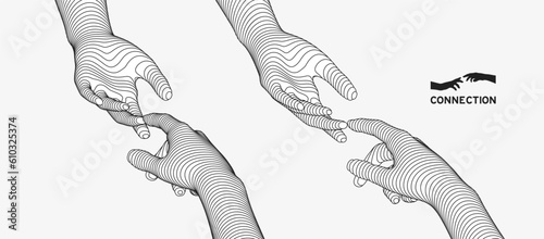 Hands reaching towards each other. Concept of human relation, togetherness or  partnership. 3D vector illustration. Can be used for advertising, marketing or presentation.