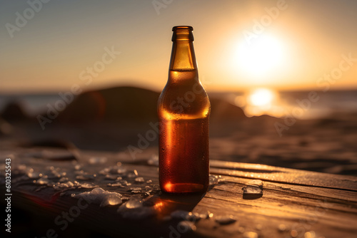 A bottle of beer on the beach at sunset