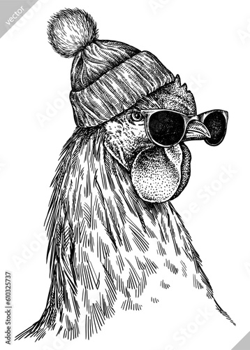 Vintage engraving isolated chicken glasses dressed fashion set illustration rooster ink sketch. Farm fowl background hen bird silhouette cock sunglasses hipster hat art. Hand drawn vector image