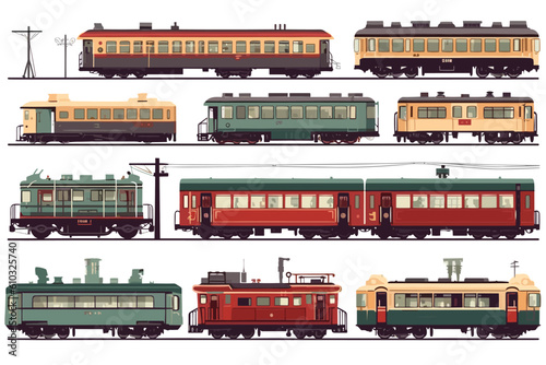 Railroad passenger trains and carriages Flat vector illustration.