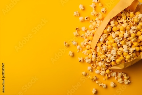 Bag of popcorn on yellow background with copyspace