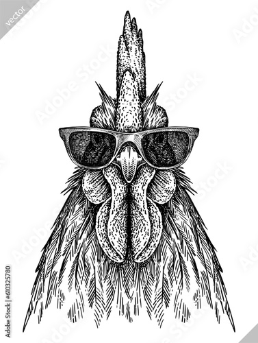Vintage engraving isolated chicken glasses dressed fashion set illustration rooster ink sketch. Farm fowl background hen bird silhouette cock sunglasses hipster hat art. Hand drawn vector image