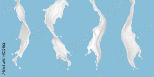 Splashes of milk or white liquid isolated on blue background. Liquid flow streams set. Milky or dairy fresh product. Vector realistic