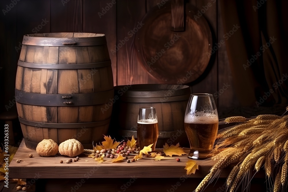 Beer barrel, beer glasses and autumn leaves on a wooden background