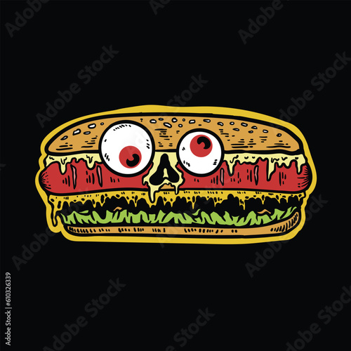 Hot dog monster illustration in black background