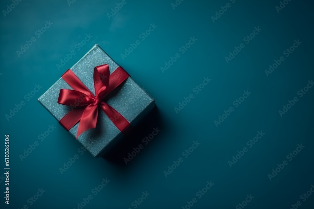 blue gift box with gold ribbon on blue background with copy space blue gift box with gold ribbon on blue background with copy space