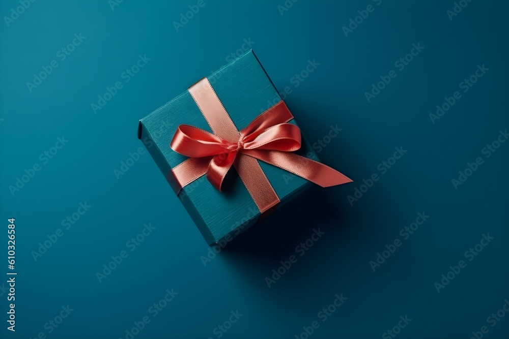 blue gift box with gold ribbon on blue background with copy space