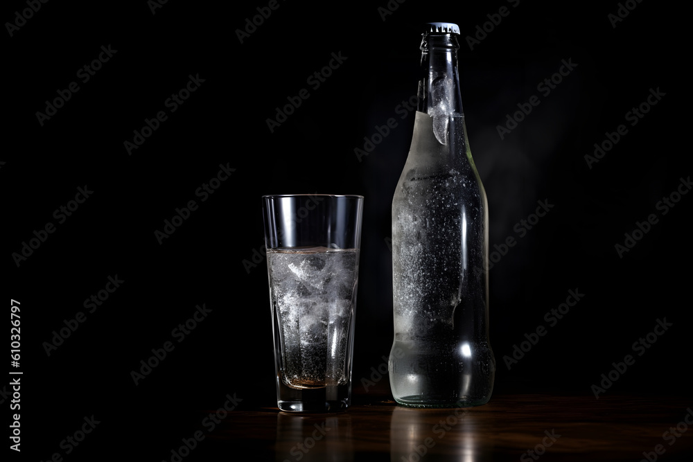 Bottle of Lager beer and glass on black background Bottle of Lager beer and glass on black background