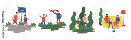 Happy Man Father and His Son Spending Time Together Vector Set